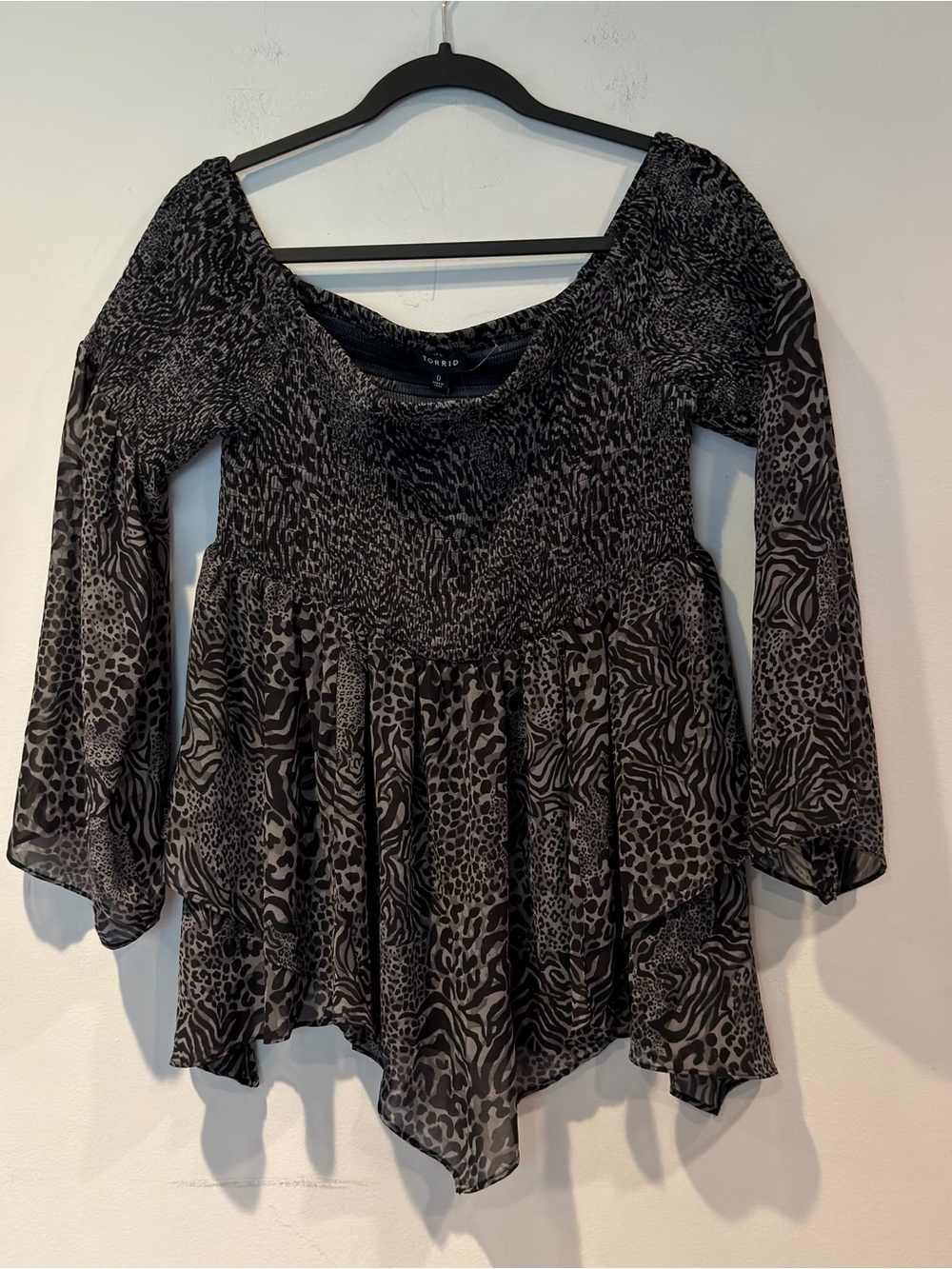 Torrid Mixed Animal Print Chiffon Off the shoulder Black Babydoll top